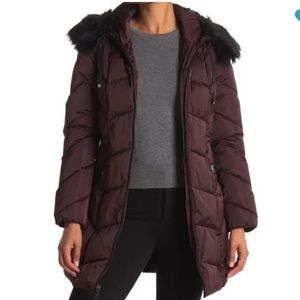Tahari Brie Chevron Quilt Puffer Coat with Removable Faux Fur Hood